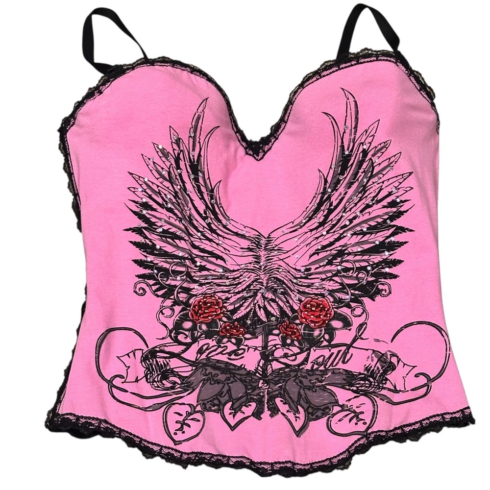 Corset Top Women M Pink Excellent Rhinestone Wing Rose Whimsygoth Night Out
